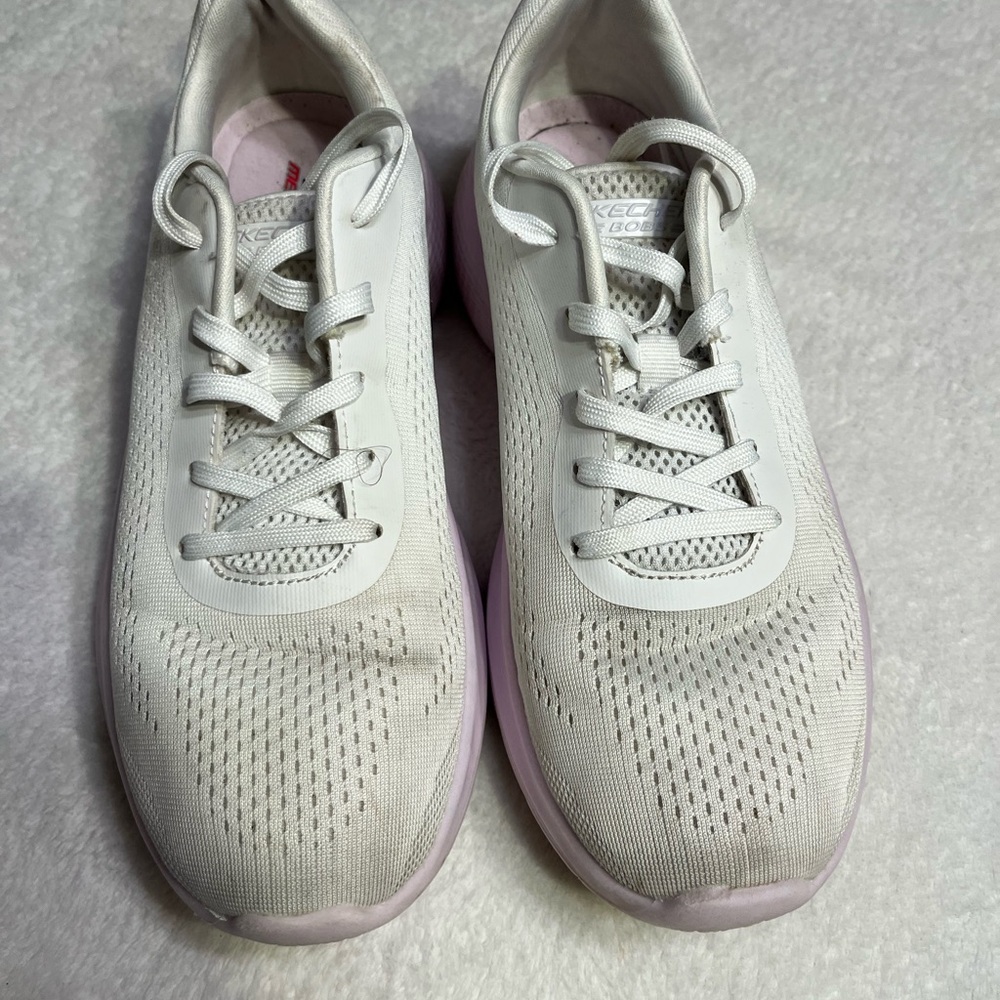 Skechers Women's White and Light Pink Slip-On Athletic Sneakers